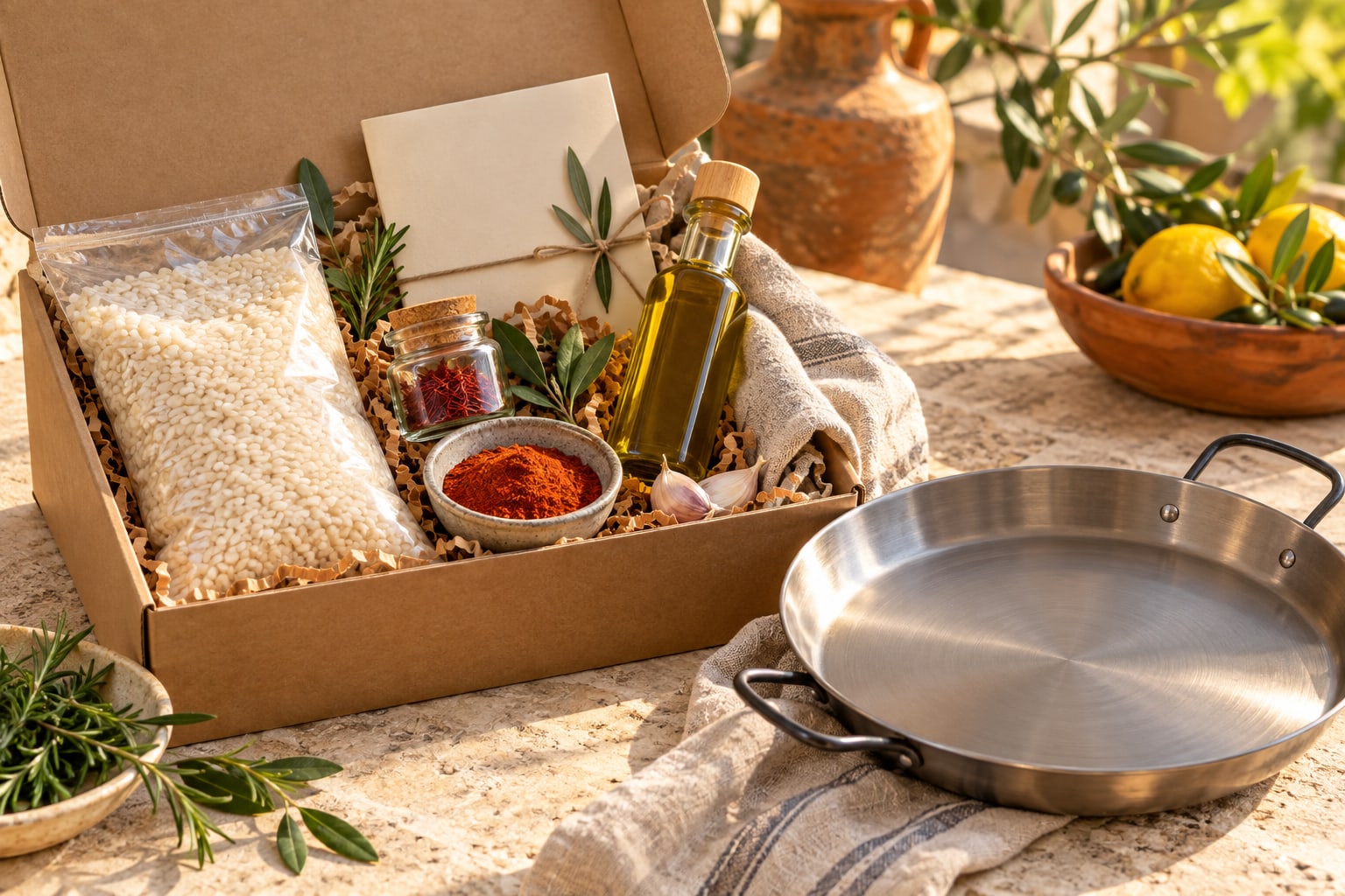 An illustrative unbranded paella gift kit with rice, saffron, olive oil, recipe card and paella pan.