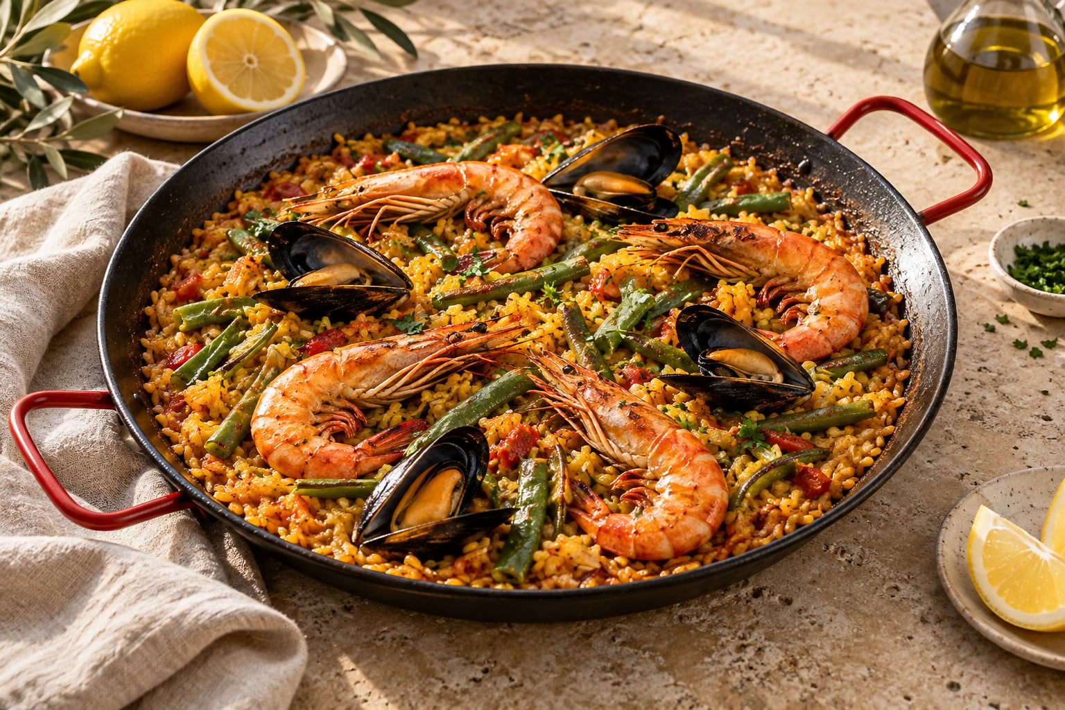 Seafood paella in a shallow steel pan with golden rice, prawns and mussels on an ivory table.