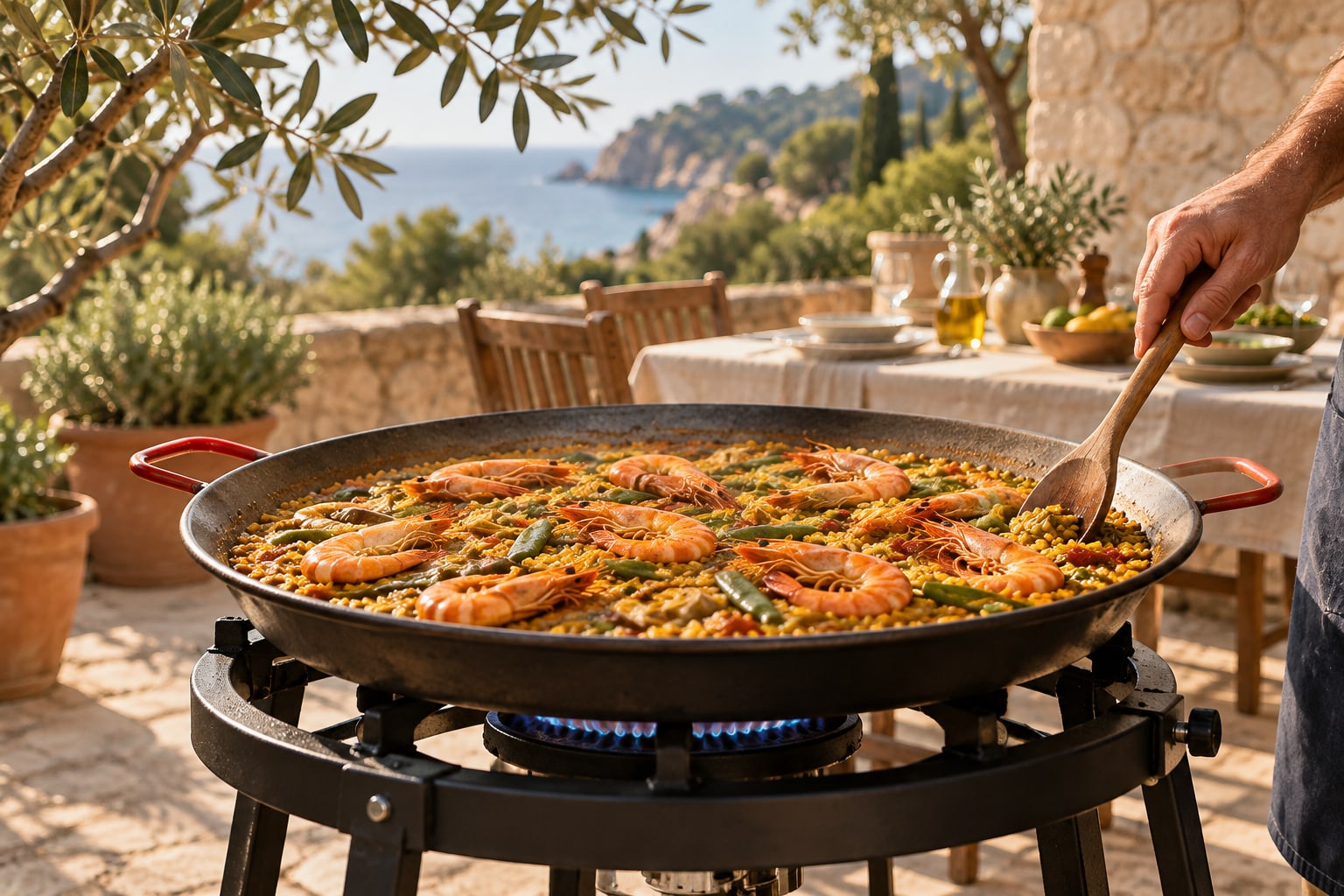 A paella pan on an outdoor gas burner on a Mediterranean terrace.